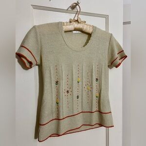 True American Vintage 1960s Knit Shirt w/hand embroidered floral details size XS
